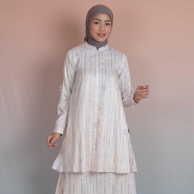 Elzatta  Long Tunik Saffron Splatter Tunik Kemeja Motif Muslim Wudhu dan Busui Friendly