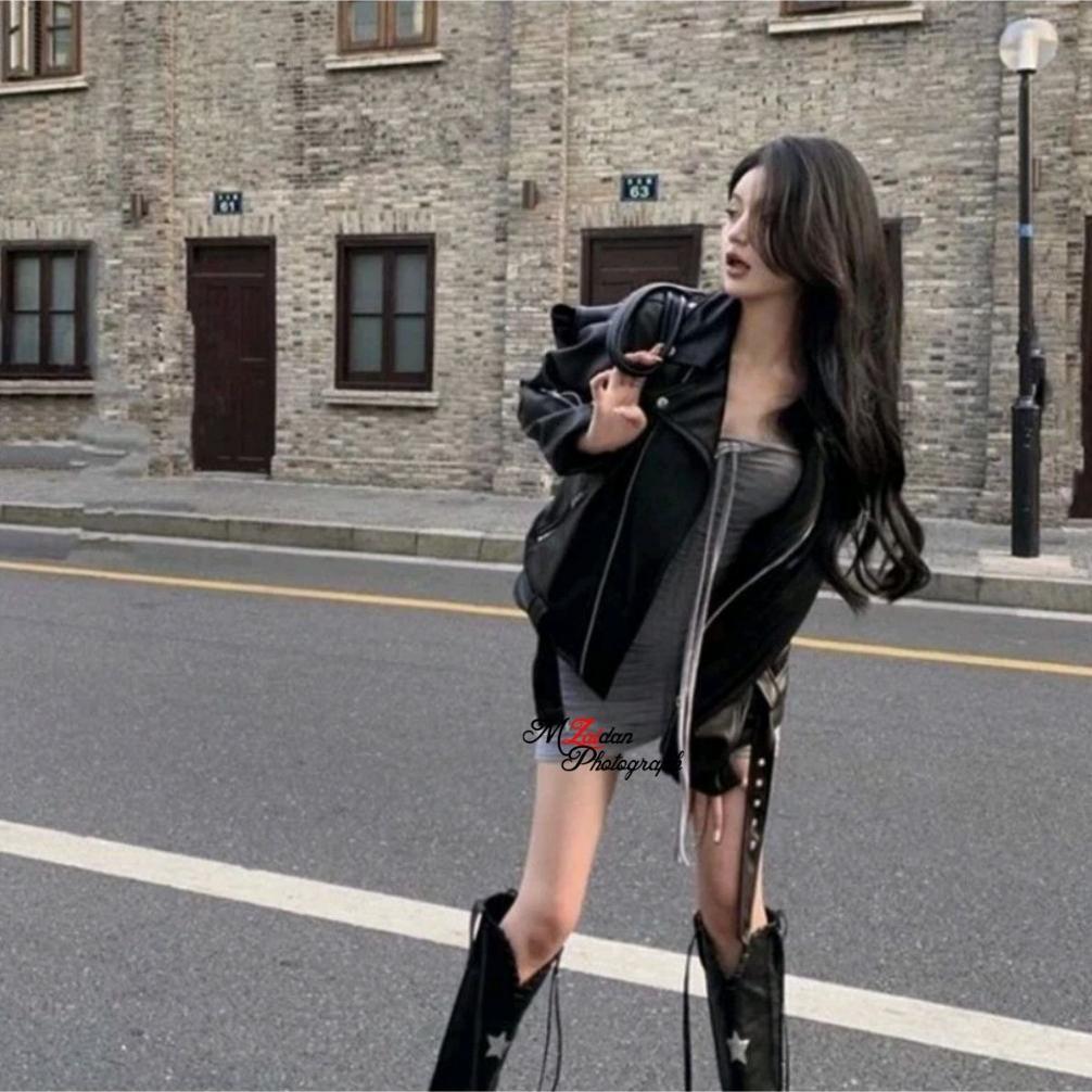 FAVORIT Jaket Wanita Vintage Kulit Sintetis Basis Ramones Punk Leather Korean Style Terbaru