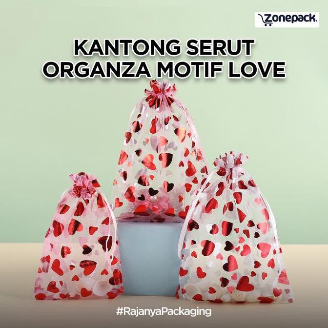 Ready Kantong Serut Organza Motif Love| Organza Bag Kantong Serut Souvenir Nikahan/ Wedding, Acara P