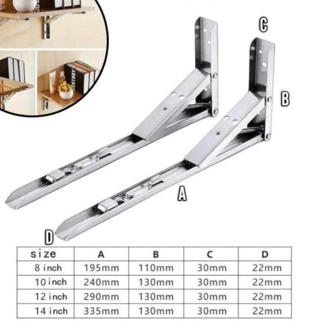 PARANE Bracket Engsel Siku Meja Lipat Dinding Max Load 65 kg 8 10 12 14 Inch 2PCS Stainless Steel Ko