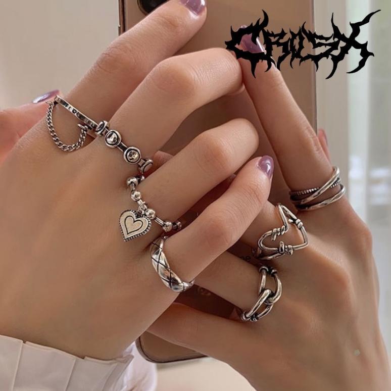 Discount ESSE RING SET / 7PCS LOVE OVAL POLA HATI CHAIN RANTAI WIRE CINCIN HITAM SILVER / COUPLE RIN