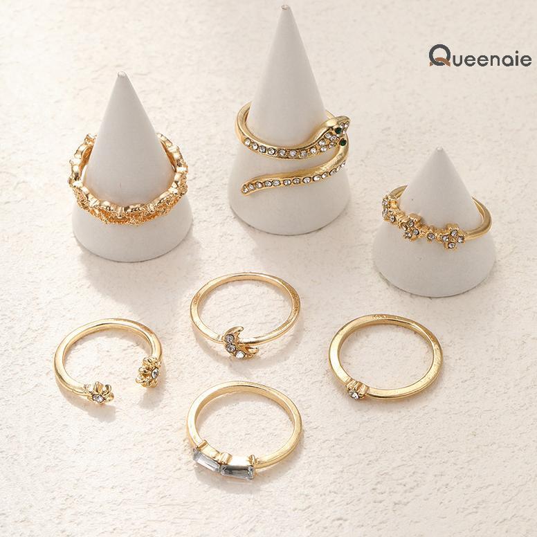 TERBARU Queenaie Cincin Set Ring 7pcs / Set Cincin Rantai terbuka Gaya Retro Korea Untuk Aksesoris