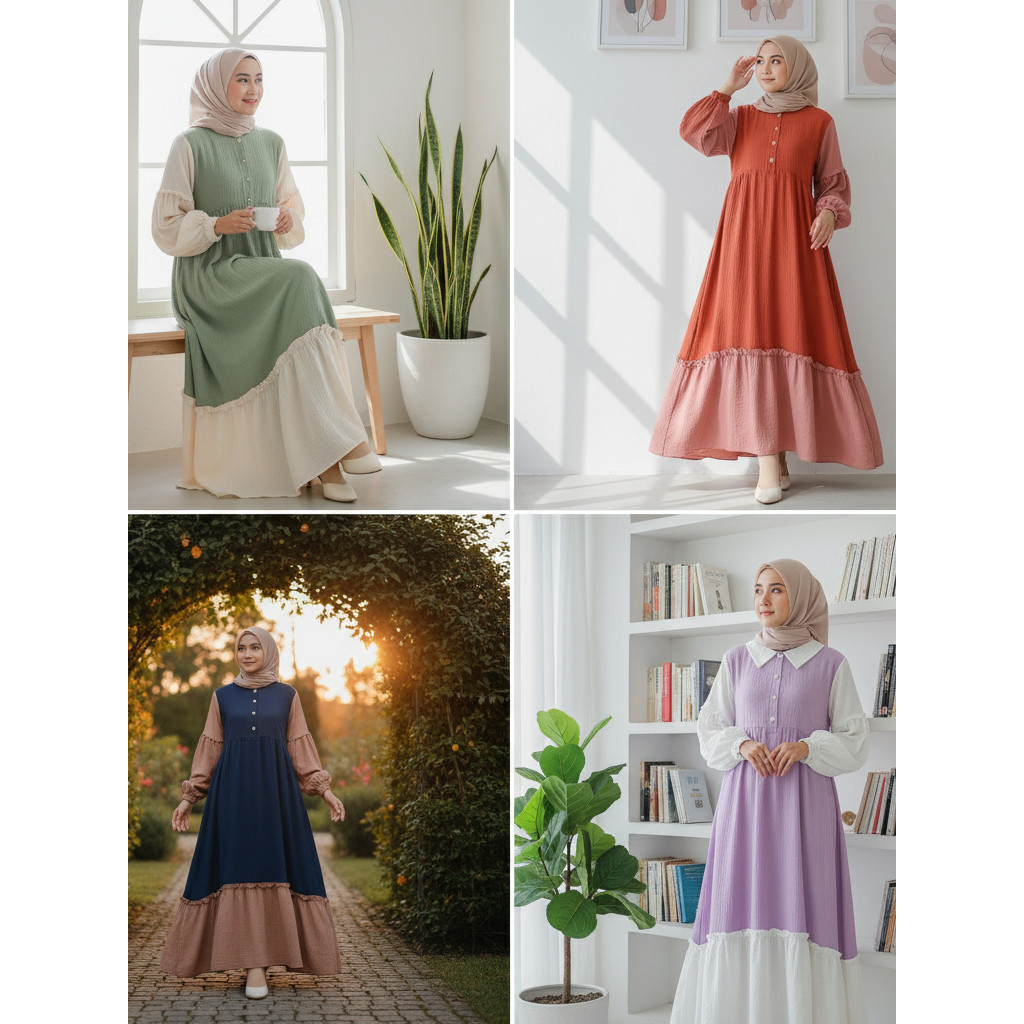 Maxi Dress Remaja Gamis Crinkle Lengan Balon Kondangan Kekinian Abaya Kombinasi Warna Two Tone Dress