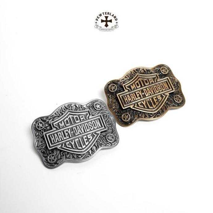 Pewterland Belt Buckle Harley Davidson Kepala Sabuk Logam Timah Sabuk Kulit Asli Hitam Coklat Pria w