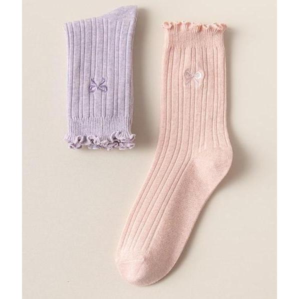 New 24319 Kaos kaki panjang wanita renda ruffle model simple motif pita cute Kaus kaki tinggi sebeti