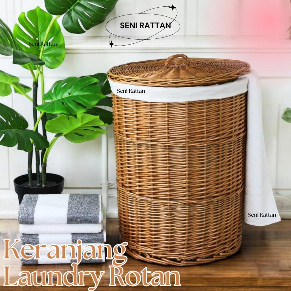 Keranjang Laundry Bulat Rotan Alami Anyaman Untuk Pakaian Kotor Tempat Cucian
