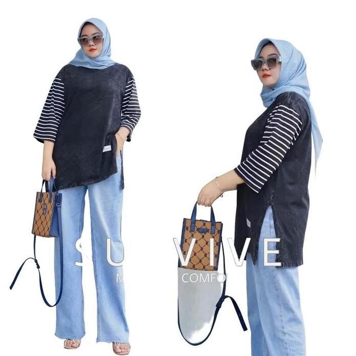 Survive Kaos Baju Pakaian Atasan Wanita Oversize Tunik Ld 120 Lengan 7/8 Bahan Katun Combed Black Wa