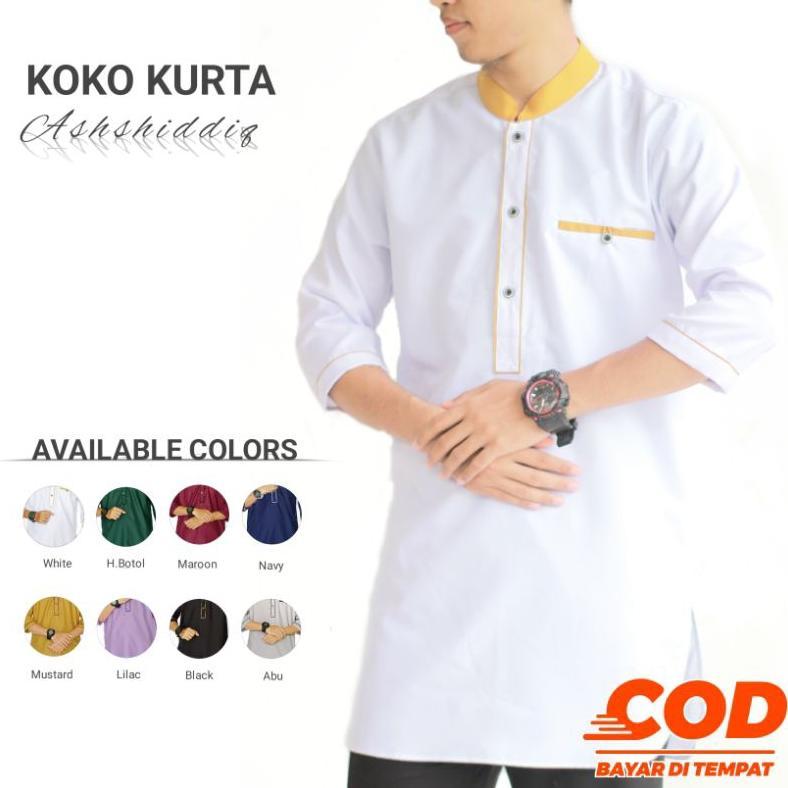 NEW KOKO KURTA ASHSHIDDIQ - BAJU KOKO KURTA PRIA DEWASA LENGAN 3/4 WARNA MUSTARD PUTIH HIJAU BOTOL M