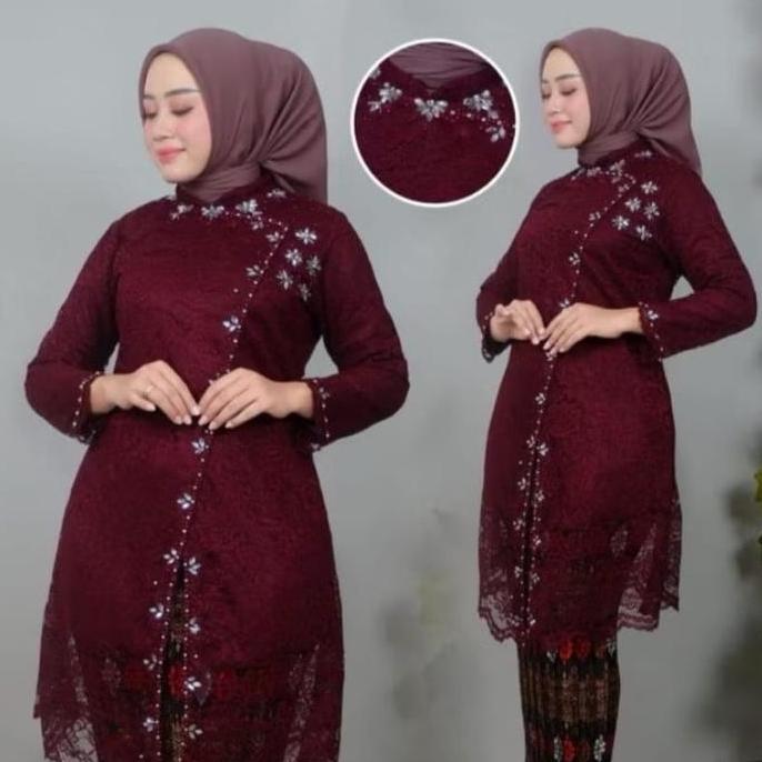Promo Murah Setelan Baju Kebaya Tunik Tamara Brokat Payet Kombinasi Dengan Rok Plisket Kebaya Jumbo 