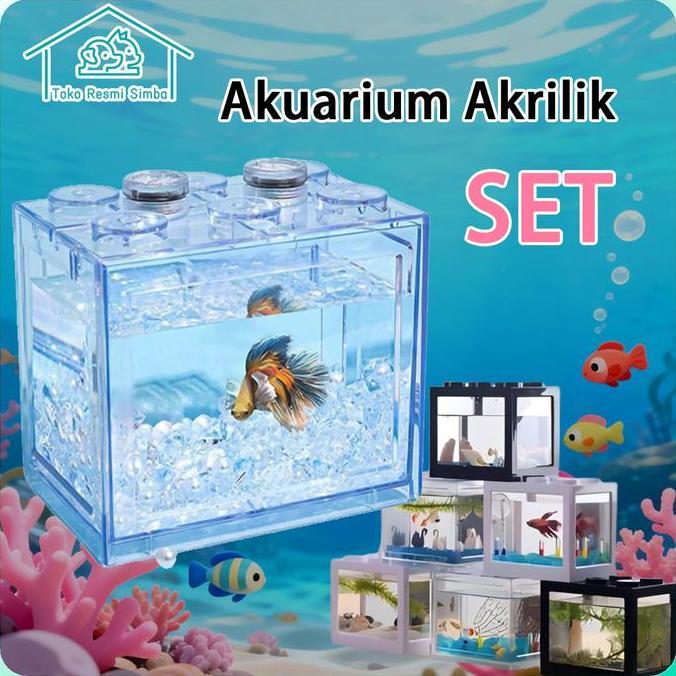 Handiknastujuh - Set LengkapAkuarium Mini Akrilik 12x8cm dengan Lampu LED & Dekorasi Aquarium Ikan C