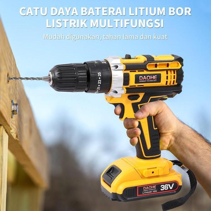 DAOHE  Mesin Bor Baterai 36vf 25+3 Cordless Impact Lengkap 2 Baterai Fullset Koper 35NM 10MM Chuck 1
