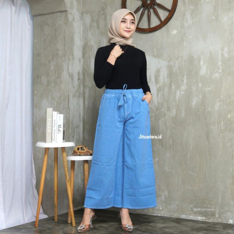 Promo Kulot Jeans Pinggang Karet, Kulot Jeans Putih Hitam, Kulot Mozza Pinggang Karet Sage Cream Moc