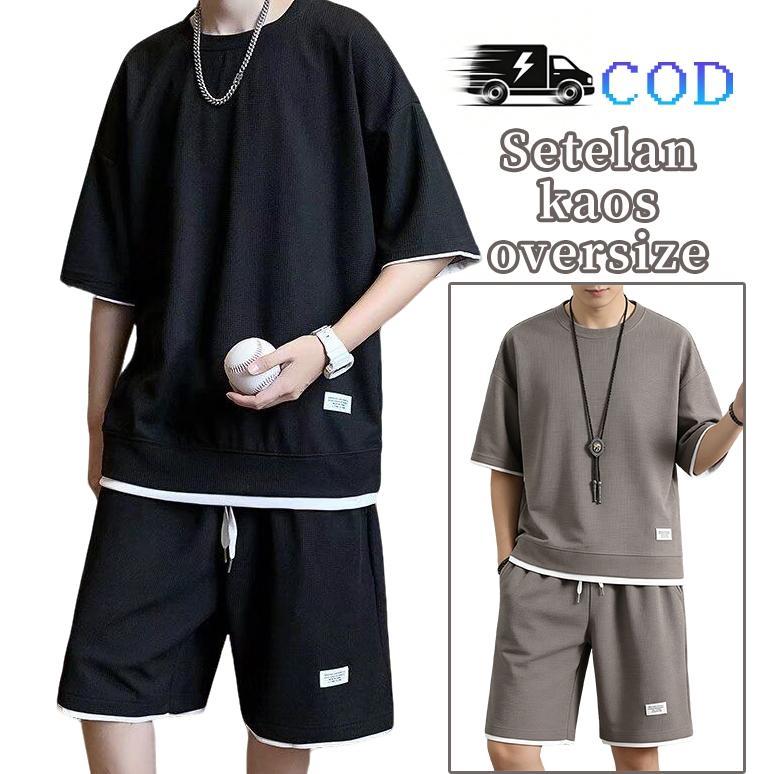 TERMURAH celana pendek pria Baju Pantai Pria Satu Set Baju Oversize Pria Waffle Kaos Korea Style Pri
