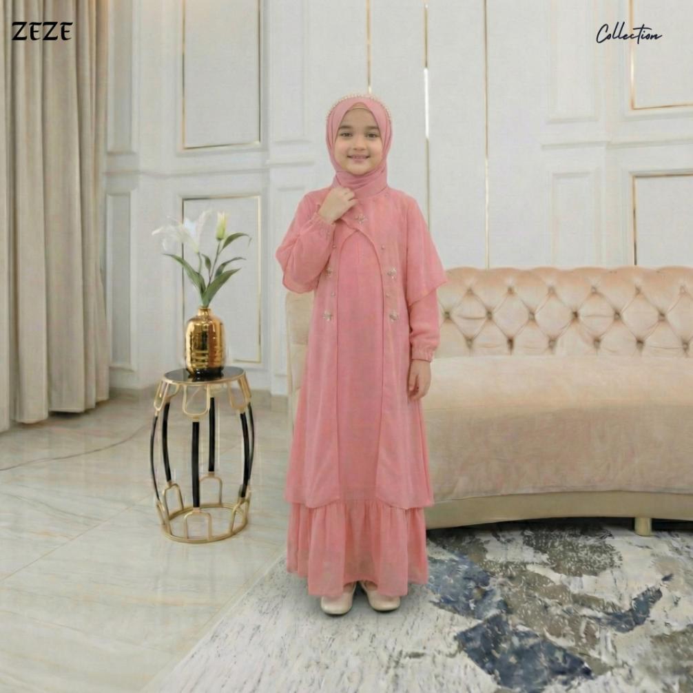 Exclusive Zeze - Satu Set Zhena Dress Anak Warna Mahoganny Kerudung Dan Gamis Ceruty Babydoll Payet 