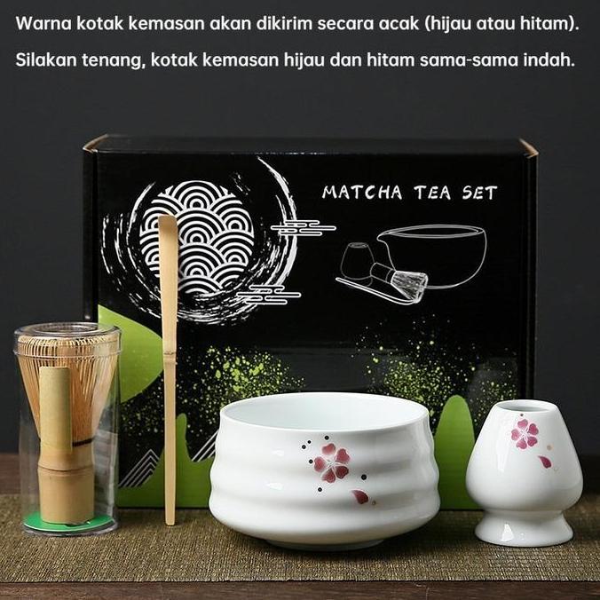 TENNIME 4PCS Set Hadiah Tradisional Matcha Jepang / Alat Matcha Making Set Matcha Bowl Keramik / Mat