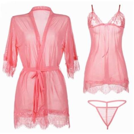 NEW BAJU TIDUR WANITA SET DRESS RENDA PIYAMA KIMONO TRANSPARAN LINGERIE 2A270 ORI