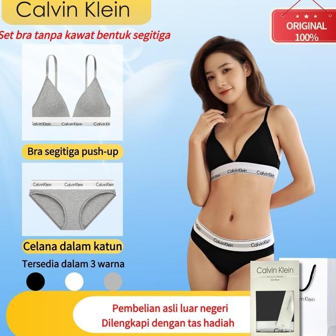 Setelan pakaian dalam wanita Calvin Klein asli - bra olahraga tanpa kawat dan set celana dalam bikin