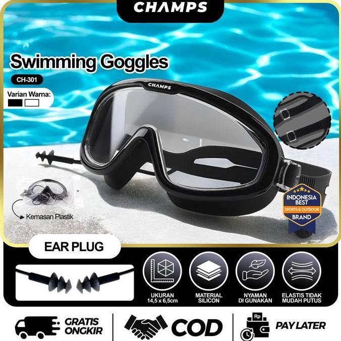 Zena_groupabadi - CHAMPS Kacamata Renang Dewasa Anti UV CH-301 | Swimming Goggles dengan Ear Plug Bu
