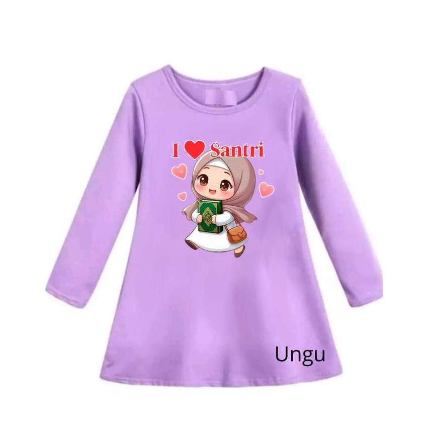 Dress Tunik Motif Gambar ANAK MUSLIM I LOVE SANTRI  Oblong Lengan Panjang Atasan Perempuan Usia 3-12