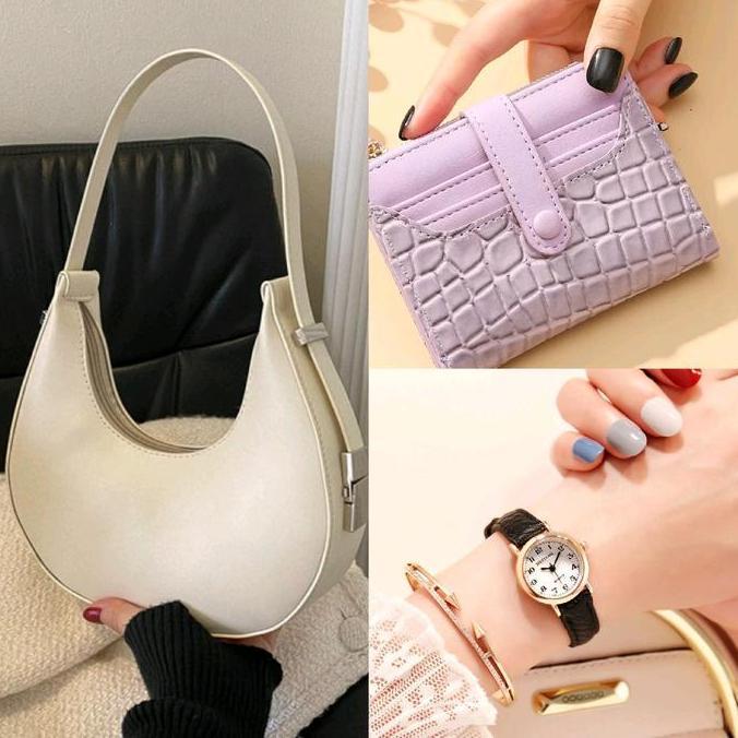 Handbag Wanita Paket Hemat Tas Wanita Bulan Sabit, Dompet Genie, Jam Tangan Small Kulit Wanita - Min