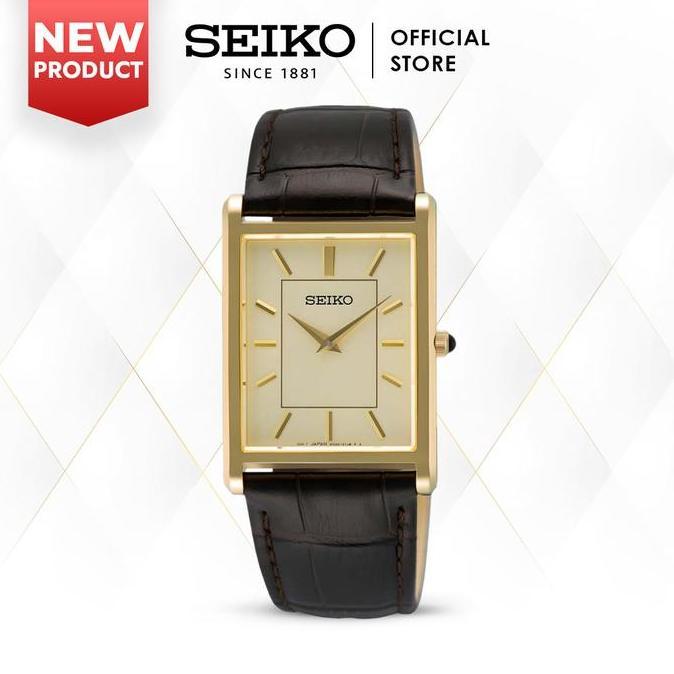 Jam Tangan Pria Seiko Classic Kotak SWR106 SWR106P1 Gold Dial Leather Strap Quartz Original