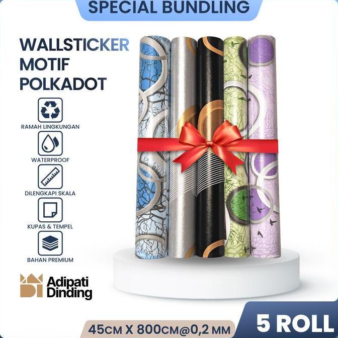 BUNDLE  PAKET ISI 5 ROLL/GULUNG WALLPAPER DINDING MOTIF POLKADOT ALL VARIANT UKURAN PER ROLL 45CM X 