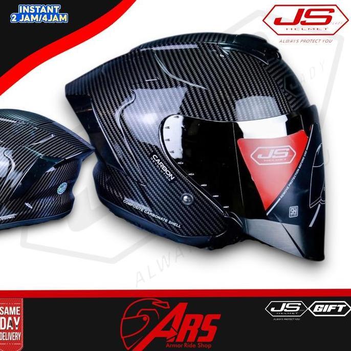 NEW HELM JS ARMOR MOTIF CARBON GLOSSY - HELM HALF FACE SNI  VISOR ANTI UV. PAKET GANTENG PRIA WANITA