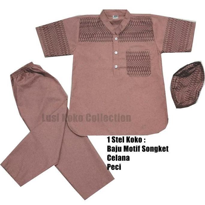 Baju Koko Setelan Anak Katun Madinah Motif Songket 20 Muslim