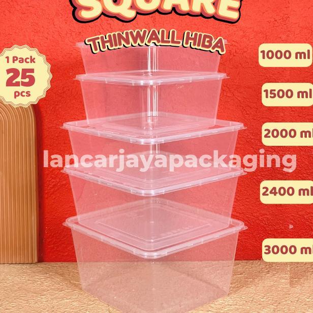Hiba Thinwall Square Kotak Makan Plastik Persegi Wadah Nasi Berkat Kue 1000 1500 2000 2400 3000 Ml