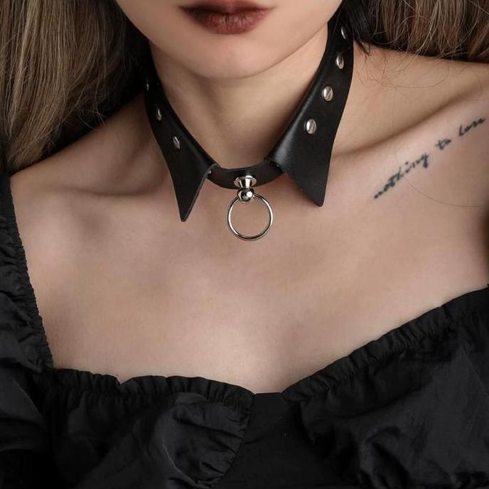 SMG kalung choker kulit belt punk - Collar Choker Belt Leather Harajuku Goth Vintage Aksesoris Fashi