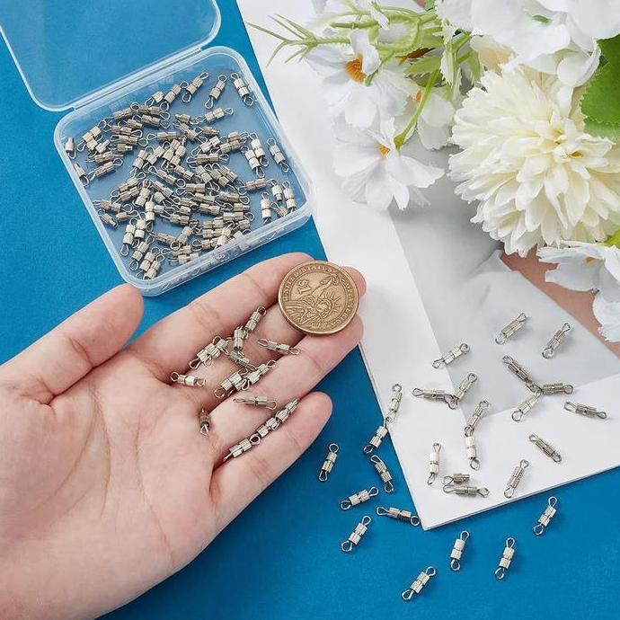 AYOBAKUL 50pcs Kait Pengait Sambungan Penyambung Kalung Gelang Stainless Ulir Putar Warna Silver Gol