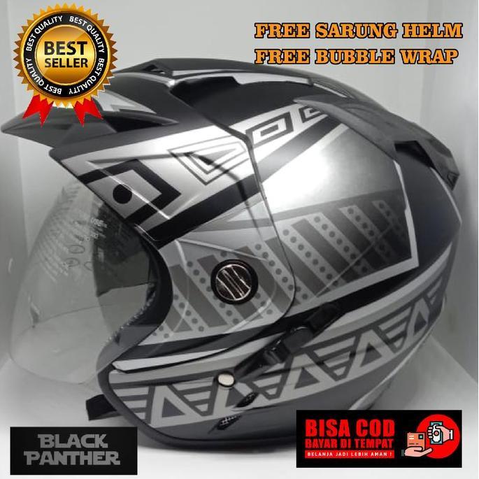 Helm Motor DMN  JP7 2 Kaca ( Double Visor ) BLACK PANTHER SILVER