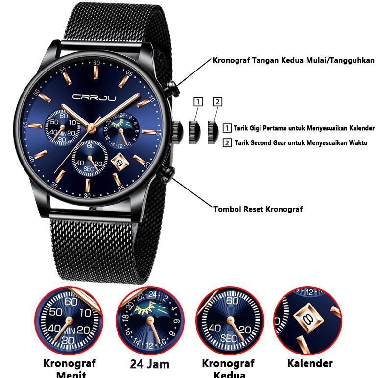 ORIGINAL CRRJU Jam Tangan Pria/Wanita Cool Trendy Quartz Chronograph Stainless Steel Anti Air Chrono