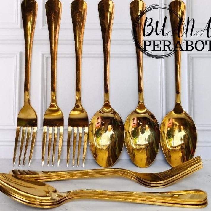 Promo 1 Set Sendok Makan Emas Dan Garpu Makan Emas Tebal Stainles / Sendok Restoran Sendok Hotel