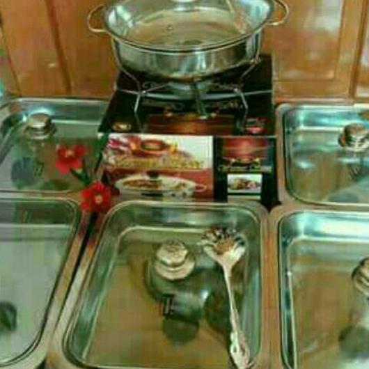 Promo Tempat Makan Prasmanan Set Tutup Full Kaca Atau Batik Bahan Stainless Isi 5 Kotak + 1 Bulat Me