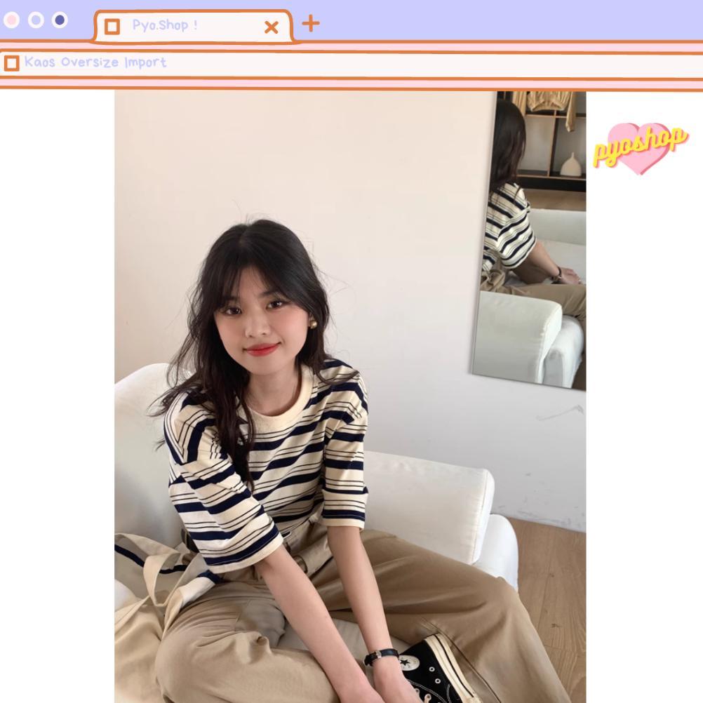 Exclusive Kaos Stripe Oversized Import Wanita Bordir Korean