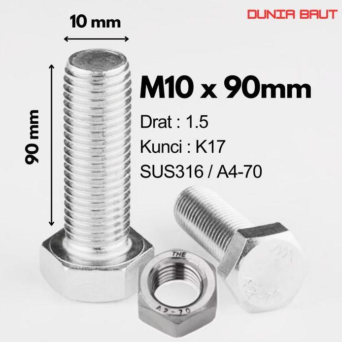 Baut Hex Stainless SS316 M10X90 - Baut Hexagon 10X90 / M10 X 90 / 10 X 90  SUS316 / A4-70 Full Drat