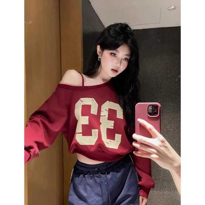Lansungkirim- Atasan Sweater 33 Cropped Top / Sweater Cetak Digital Amerika / Atasan Bungkuk Untuk W