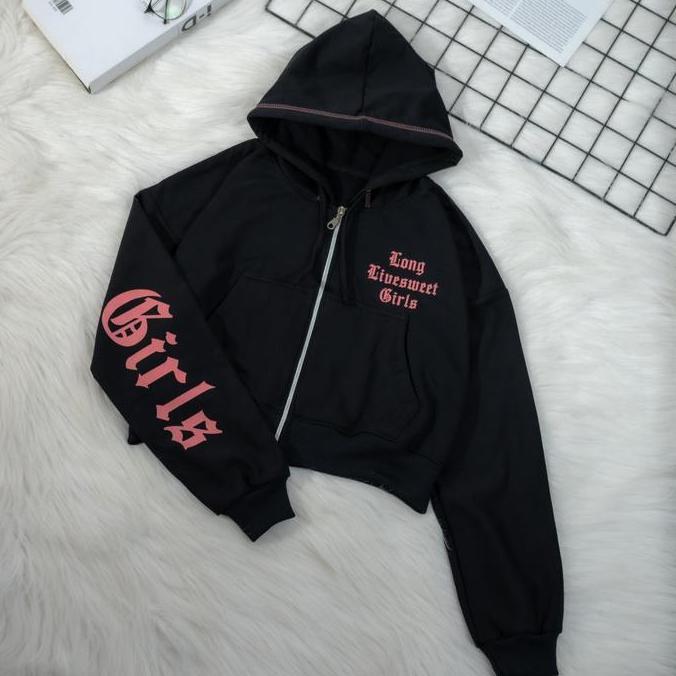Lansungkirim- Zy - Long Girl Jaket Crop Hoodie Wanita Korean Style Hitam