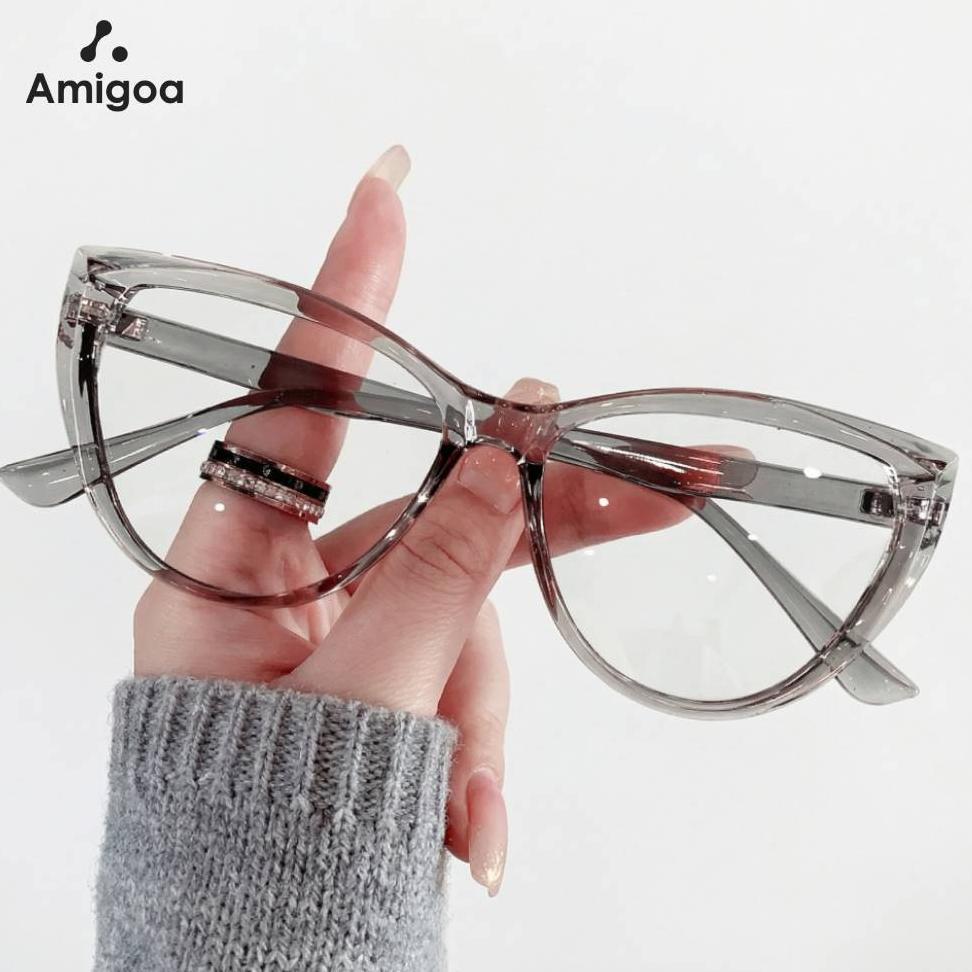 TERBARU AMIGOA Kacamata Cat Eyes Wanita Transparent Frame Anti Cahaya Biru Kacamata Outdoor Kacamata