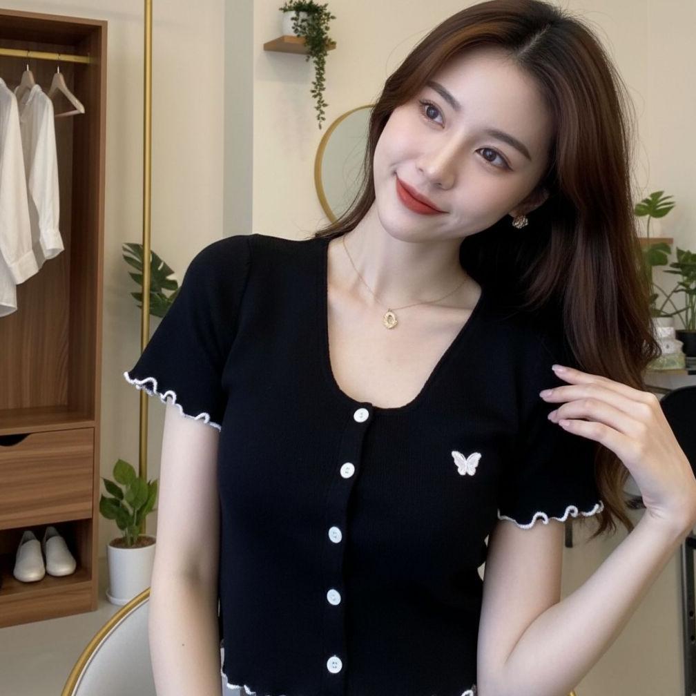TERBARU ELODY CROP TOP BUTTON RIB BUTTERFLY / KAOS CROP TOP LENGAN PENDEK KOREAN STYLE ATASAN WANITA