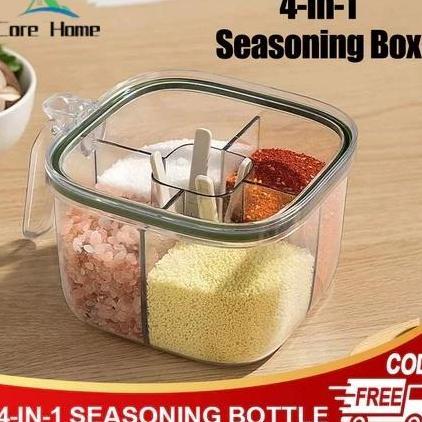Tempat Bumbu Dapur set 4 in 1 Free Sendok Aesthetic Wadah Toples Bumbu Dapur 4 Sekat Tempat Kotak Pe