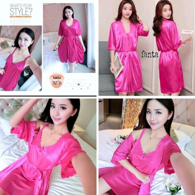 Baju Tidur Kimono Lingerie Sexy 2In1, Tricot Satin Import Wanita