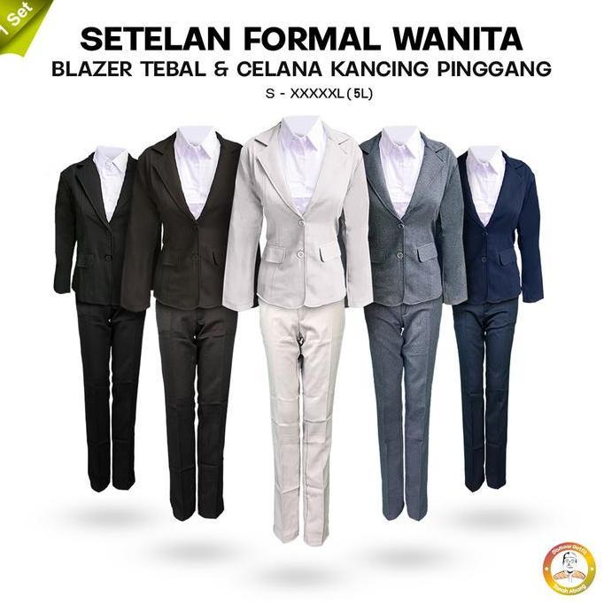 One Set Setelan Jas Blazer Celana Bahan Panjang Kancing Saku Stelan Jas Kerja Kantor Cewe Polos Dewa