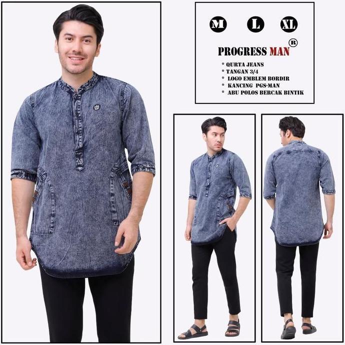 Kemeja Koko Kurta Jeans Denim Premium / Koko Pria Dewasa Lengan 3/4 Full Kancing