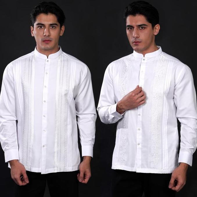 Casella Baju Koko Lengan Panjang Pleats Embroidery | Baju Koko Putih