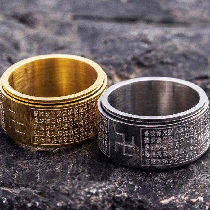 Youboy- Cincin Tulisan China Swastika Warna Emas Dan Silver / Cincin Om Mani Padme Hum Stainless Ste