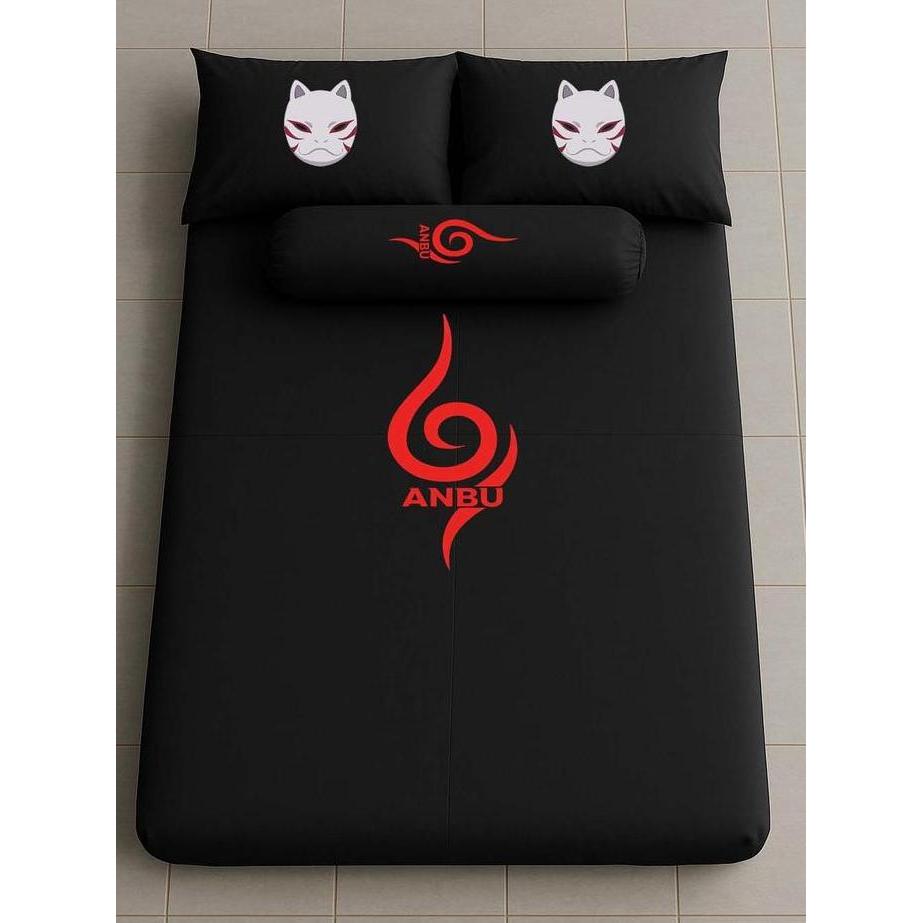 TERLARIS 1 SET SPREI DAN SANG BANTAL SARUNG GULING MOTIP ANBU SYMBOL ANIME NARUTO SHIPUDEN UKURAN 90