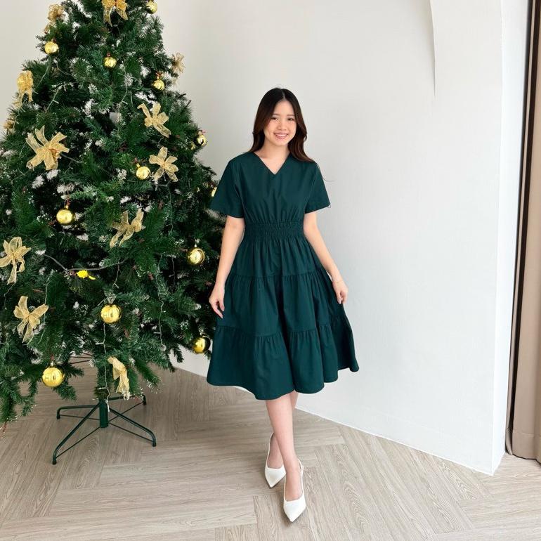 Vera Midi Dress | Baju Dress Natal Christmas Maroon Emerald