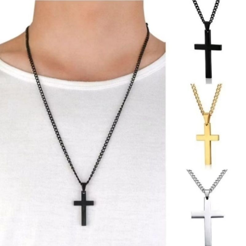 Kalung Salib Polos Titanium Impor Pria Wanita Warna Silver Emas Hitam Antikarat
